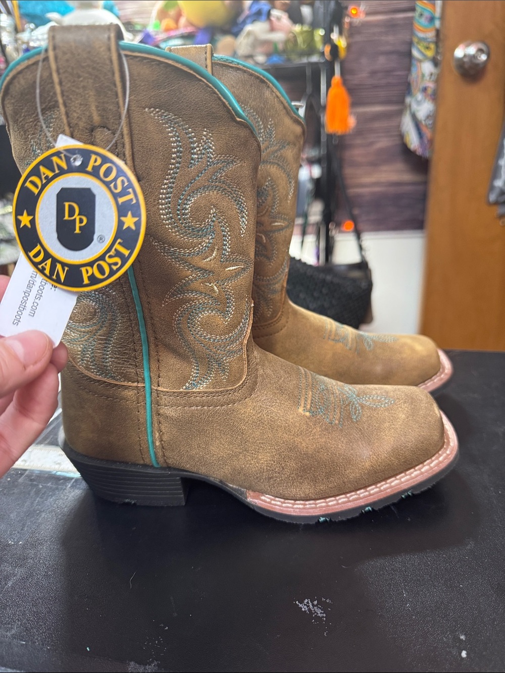 Dan Post Kids Tan Suede Western Boots with Turquoise Trim